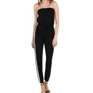 Express Strapless Jumpsuit Womens S Black Beige Pockets Stretch Minimalist